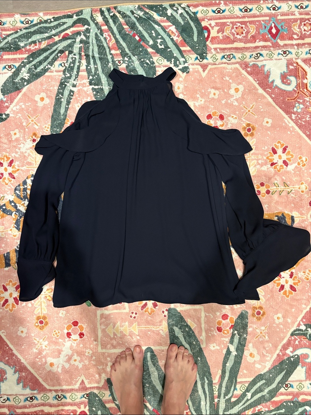 LOFT Navy Cold-Shoulder High-Neck Blouse